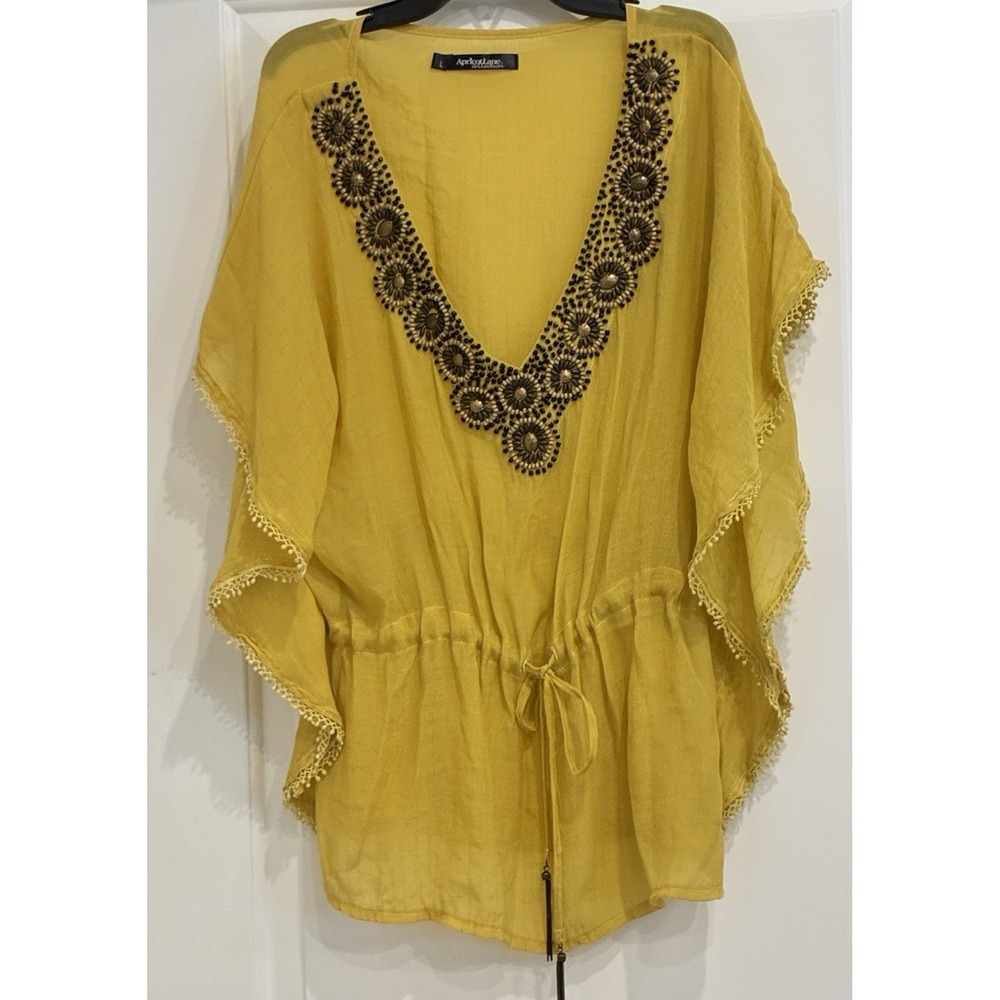 Apricot‎ Lane Sheer Beaded Boho Blouse Size L Yellow Tie Waist Western Chic